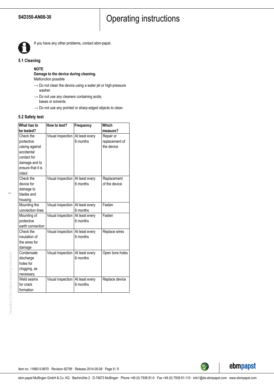 Operating instructions | ebm-papst S4D350-AN08-30 User Manual | Page 9 / 9