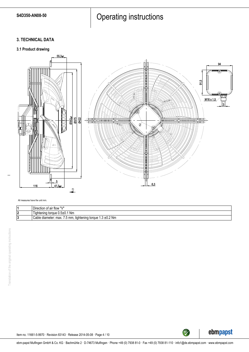 Operating instructions | ebm-papst S4D350-AN08-50 User Manual | Page 4 / 10