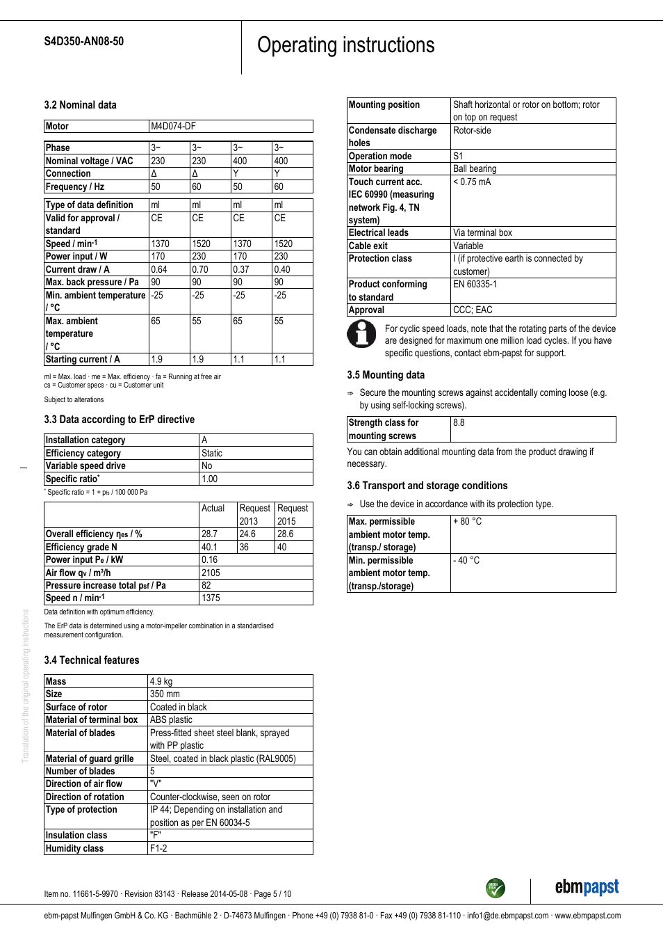 Operating instructions | ebm-papst S4D350-AN08-50 User Manual | Page 5 / 10