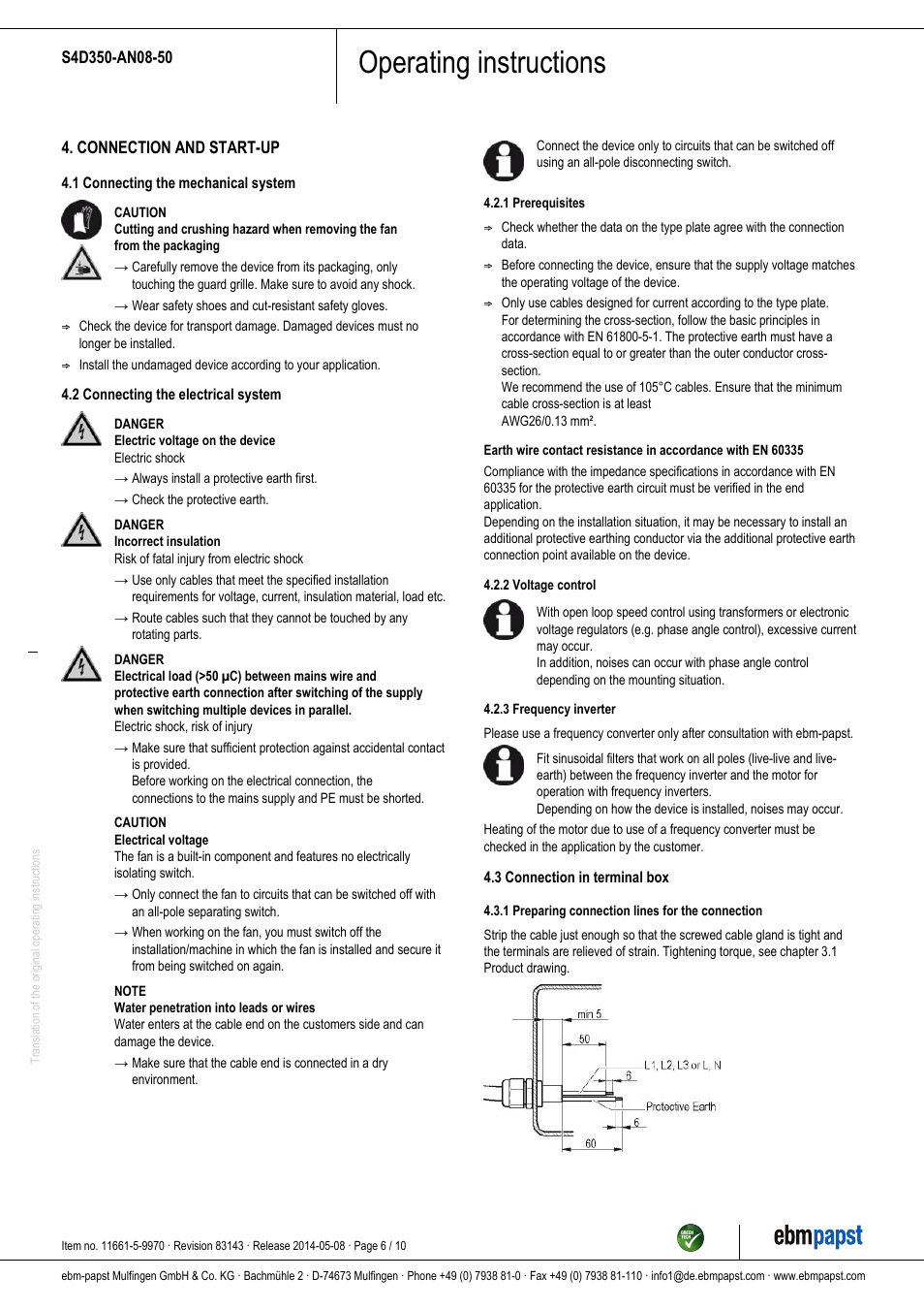 Operating instructions | ebm-papst S4D350-AN08-50 User Manual | Page 6 / 10