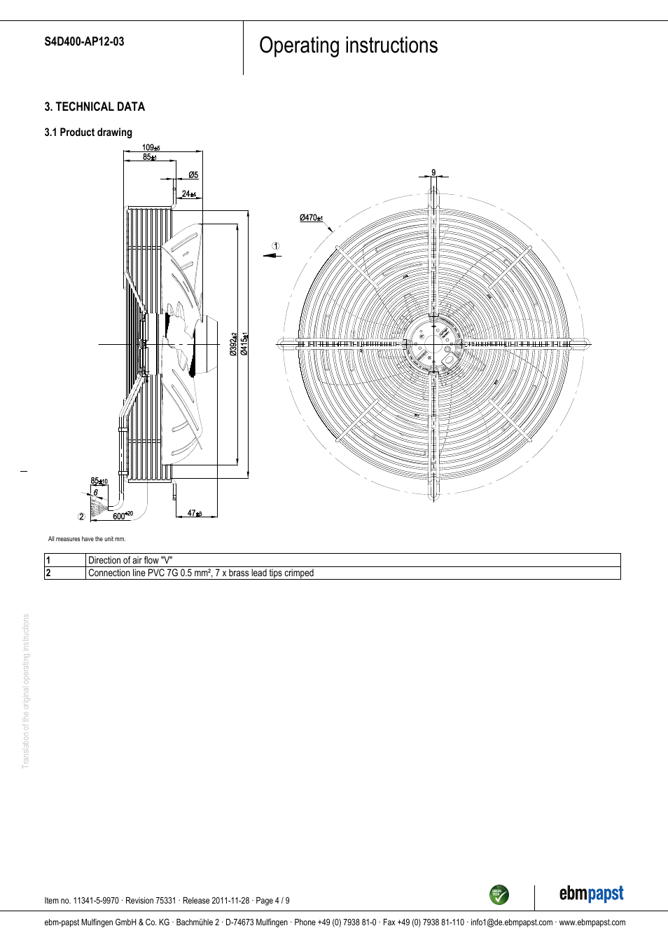 Operating instructions | ebm-papst S4D400-AP12-03 User Manual | Page 4 / 9