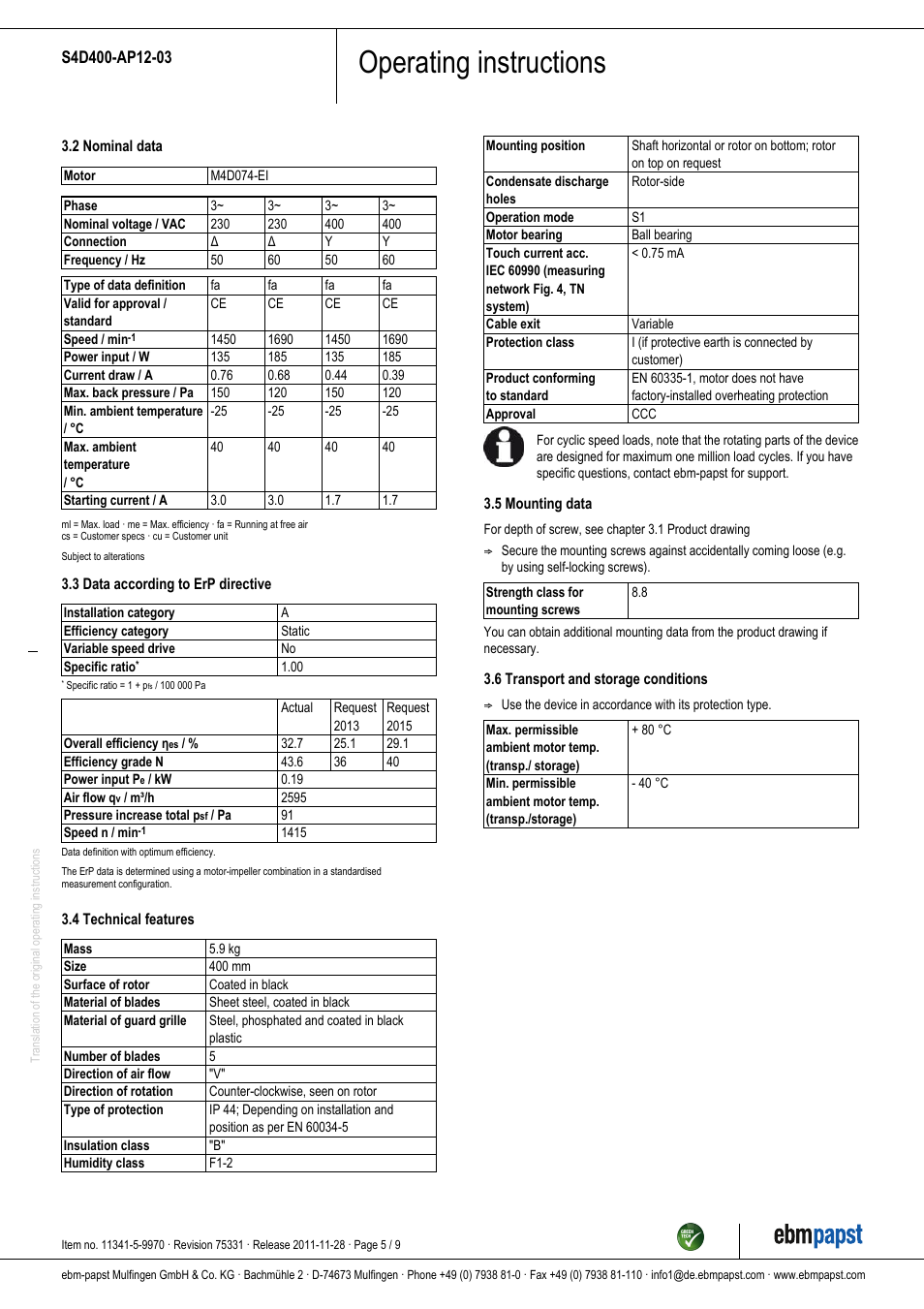 Operating instructions | ebm-papst S4D400-AP12-03 User Manual | Page 5 / 9