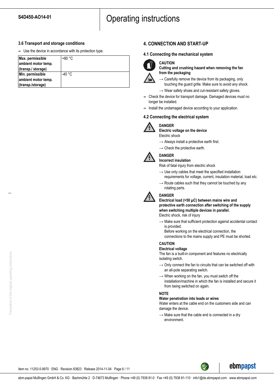 Operating instructions | ebm-papst S4D450-AO14-01 User Manual | Page 6 / 11