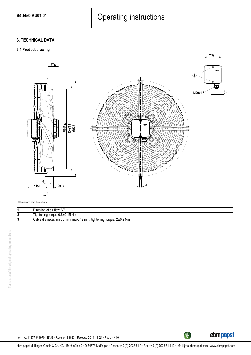Operating instructions | ebm-papst S4D450-AU01-01 User Manual | Page 4 / 10