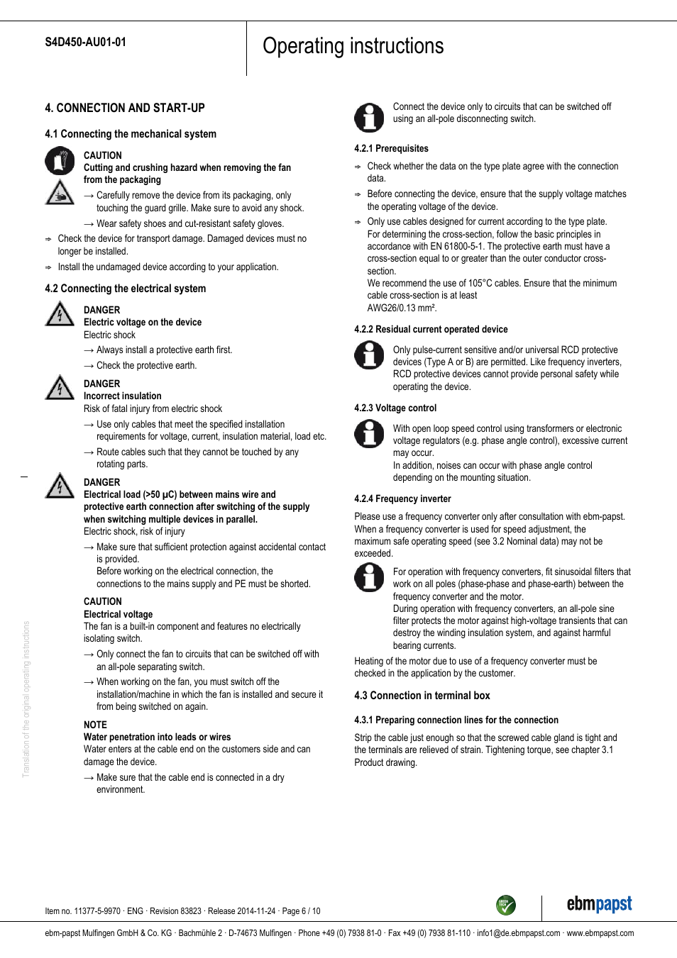 Operating instructions | ebm-papst S4D450-AU01-01 User Manual | Page 6 / 10