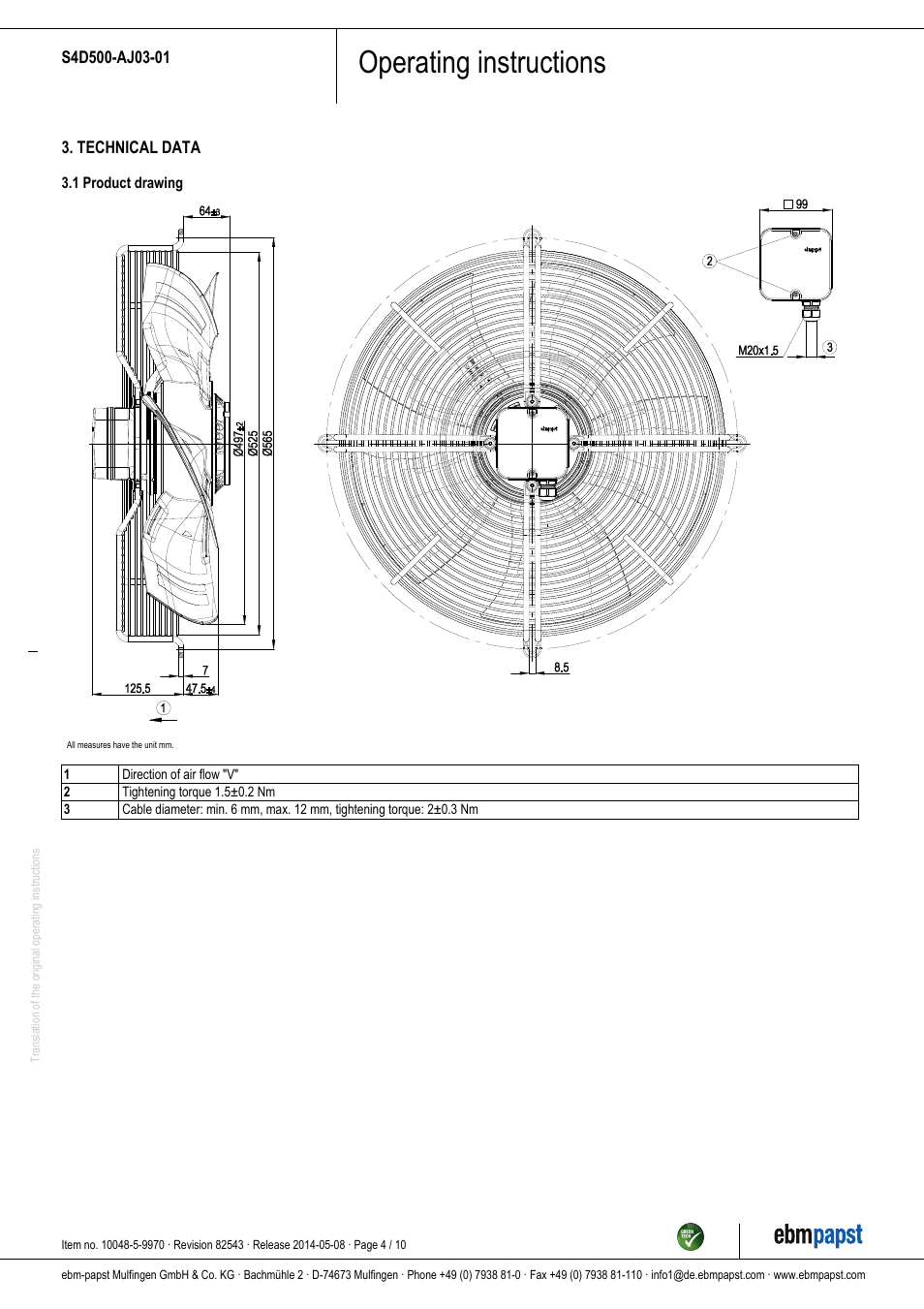 Operating instructions | ebm-papst S4D500-AJ03-01 User Manual | Page 4 / 10