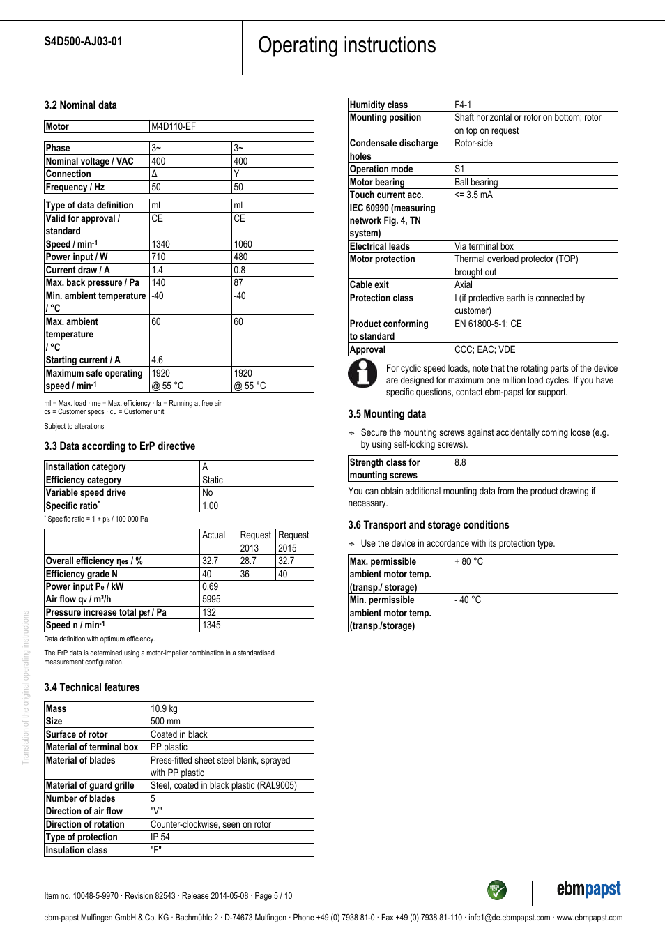 Operating instructions | ebm-papst S4D500-AJ03-01 User Manual | Page 5 / 10