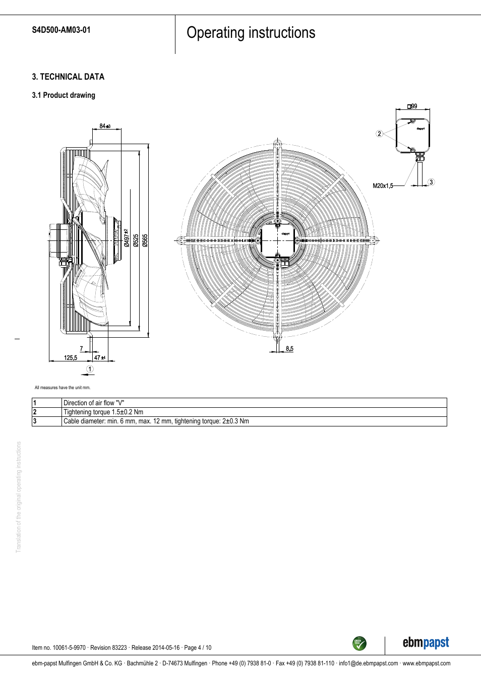 Operating instructions | ebm-papst S4D500-AM03-01 User Manual | Page 4 / 10