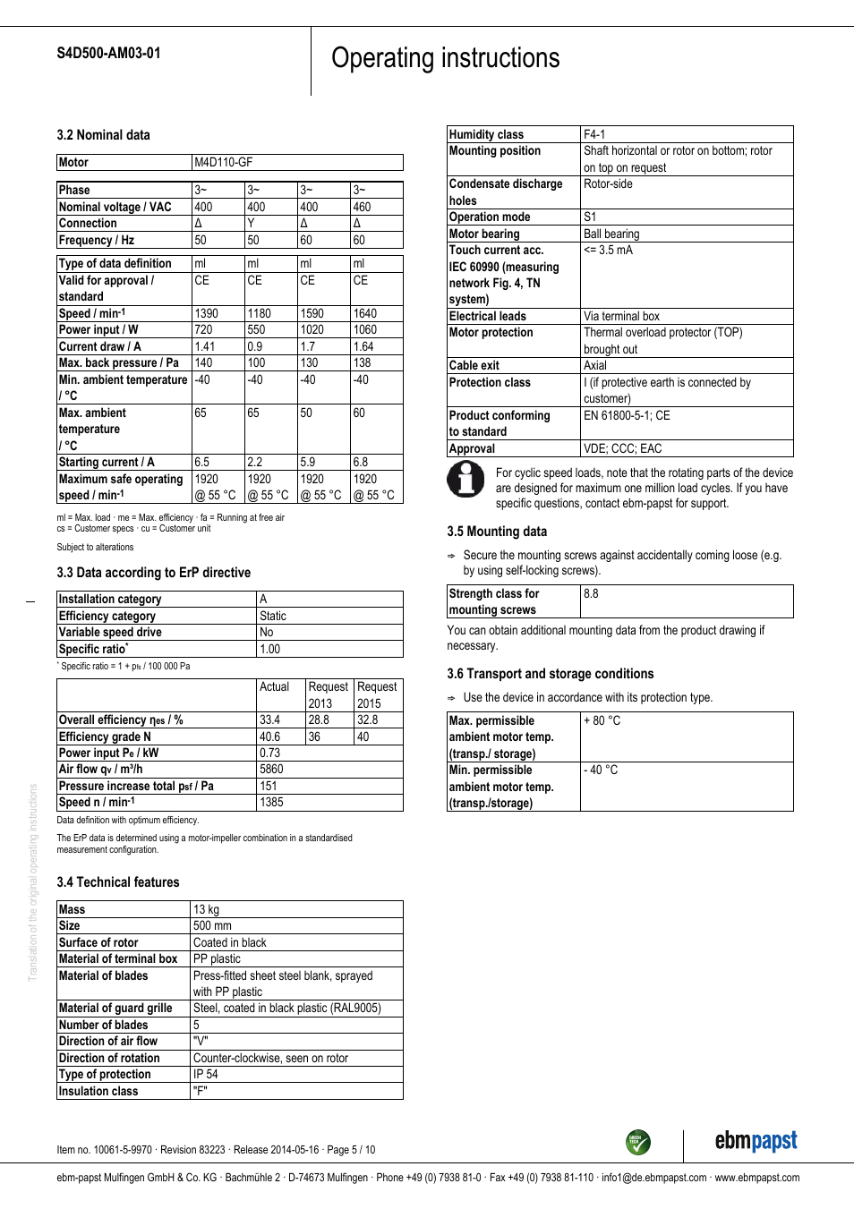 Operating instructions | ebm-papst S4D500-AM03-01 User Manual | Page 5 / 10