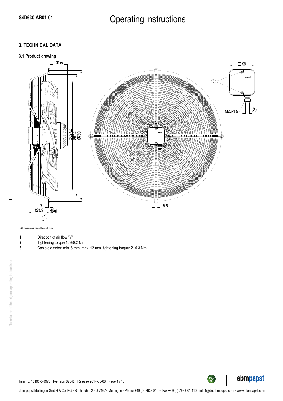 Operating instructions | ebm-papst S4D630-AR01-01 User Manual | Page 4 / 10