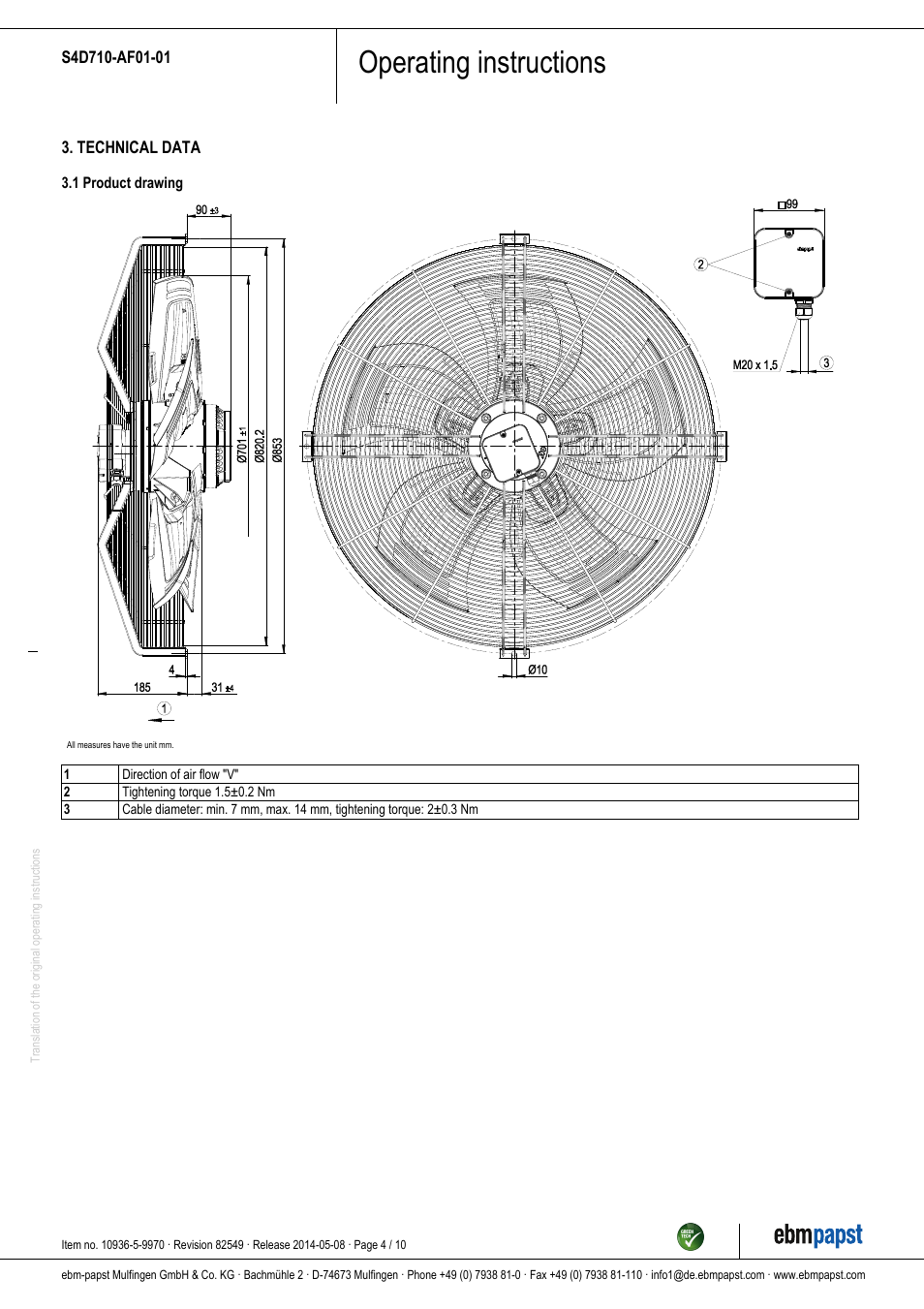 Operating instructions | ebm-papst S4D710-AF01-01 User Manual | Page 4 / 10