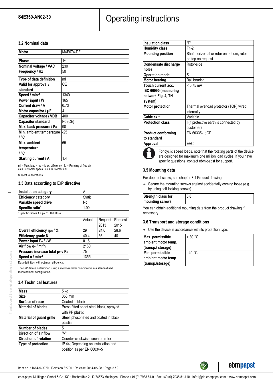 Operating instructions | ebm-papst S4E350-AN02-30 User Manual | Page 5 / 9