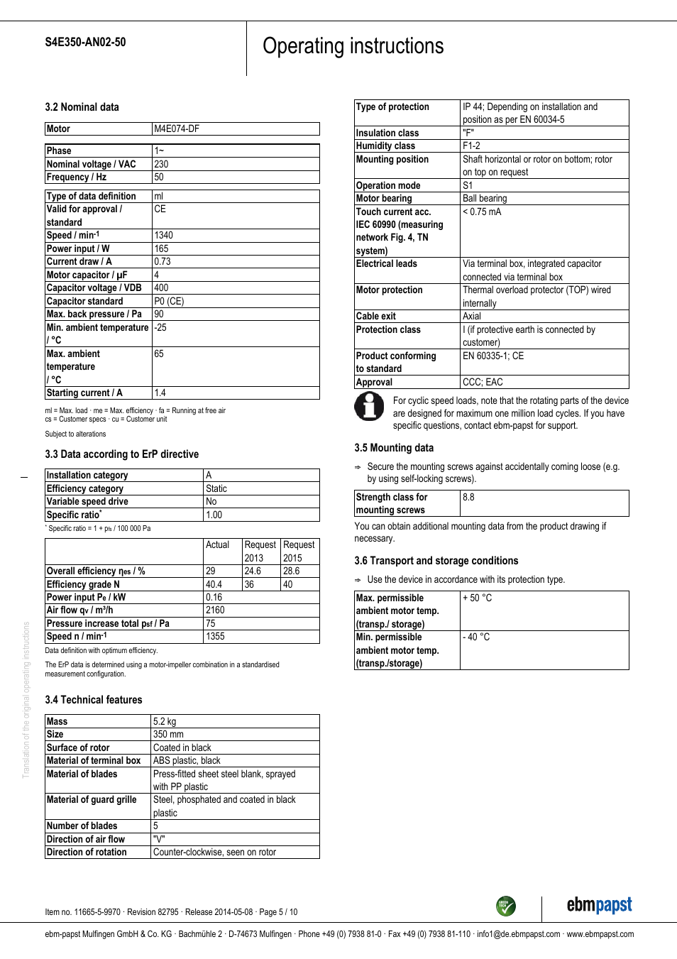 Operating instructions | ebm-papst S4E350-AN02-50 User Manual | Page 5 / 10