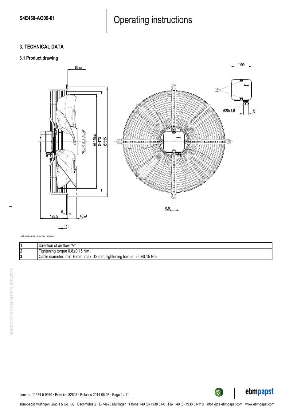 Operating instructions | ebm-papst S4E450-AO09-01 User Manual | Page 4 / 11