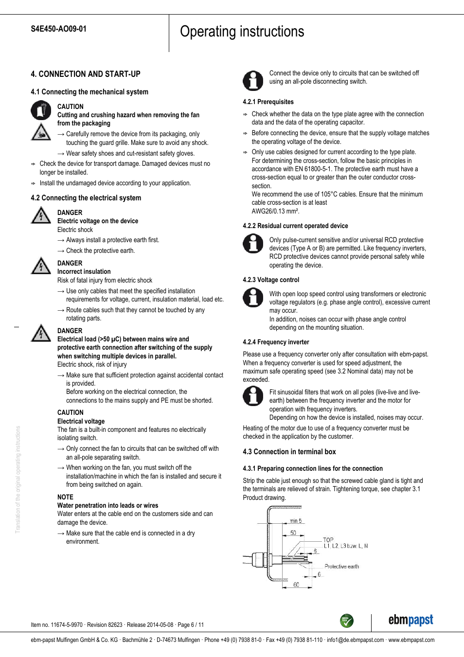 Operating instructions | ebm-papst S4E450-AO09-01 User Manual | Page 6 / 11