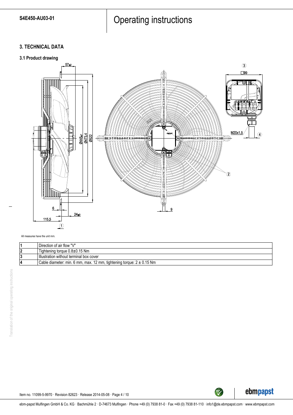 Operating instructions | ebm-papst S4E450-AU03-01 User Manual | Page 4 / 10