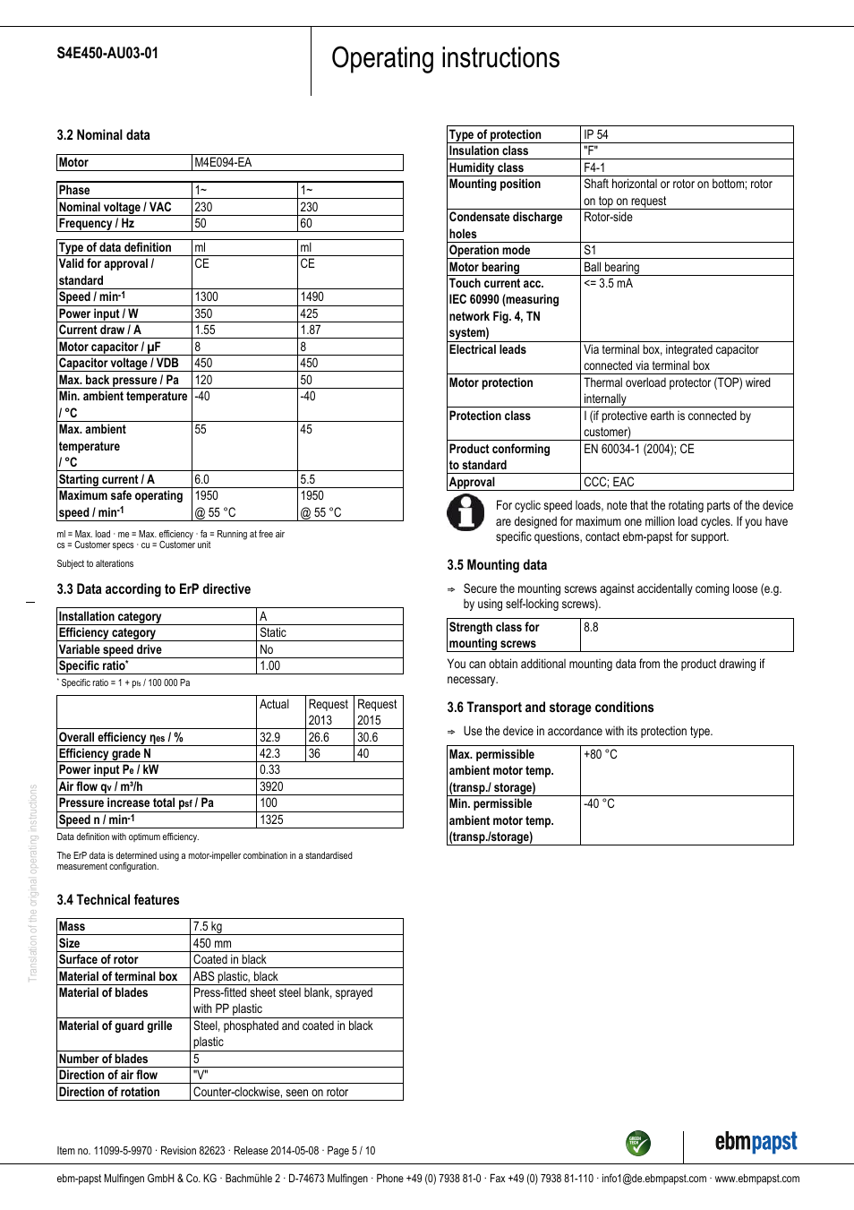 Operating instructions | ebm-papst S4E450-AU03-01 User Manual | Page 5 / 10
