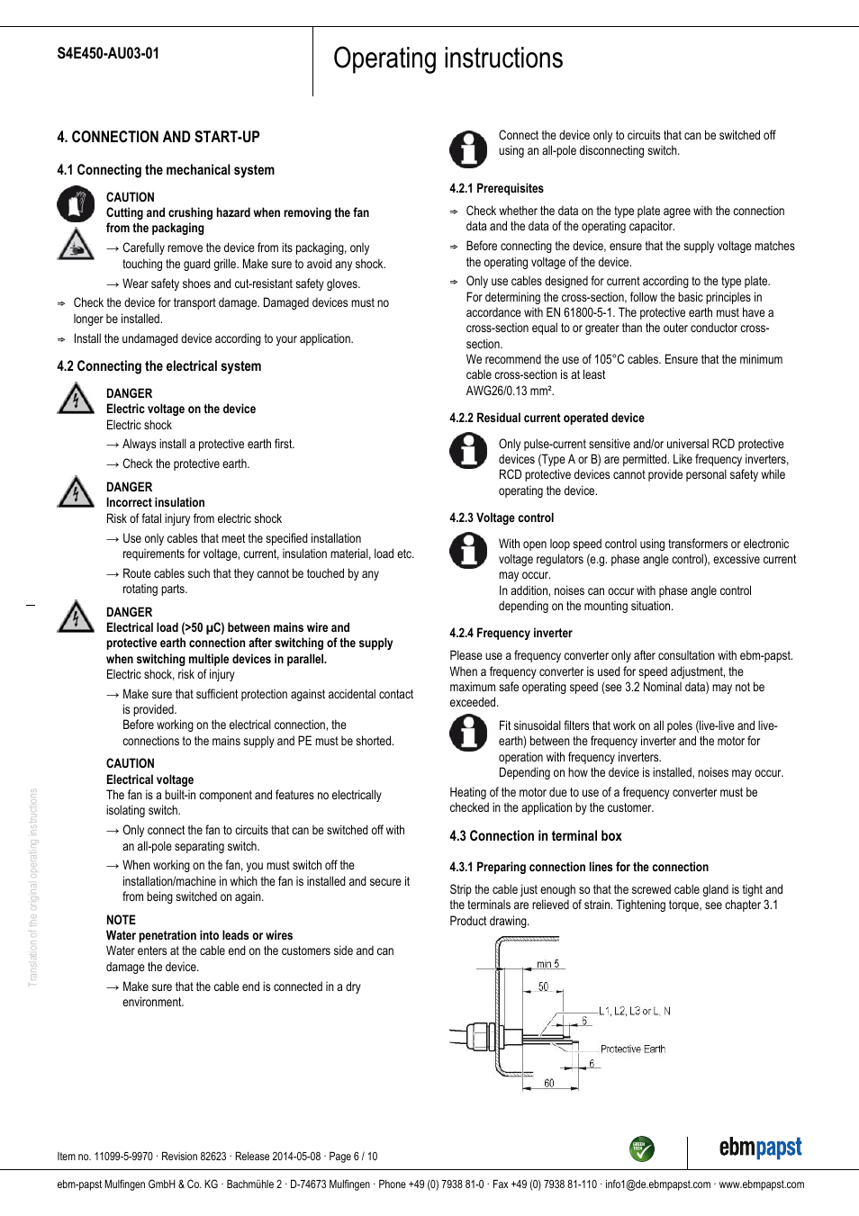Operating instructions | ebm-papst S4E450-AU03-01 User Manual | Page 6 / 10