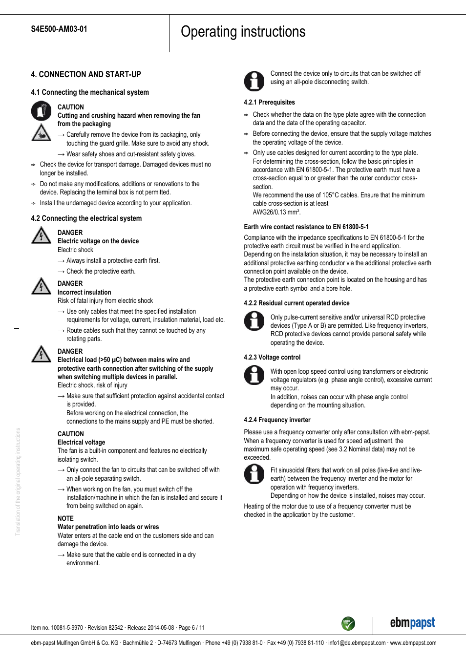 Operating instructions | ebm-papst S4E500-AM03-01 User Manual | Page 6 / 11