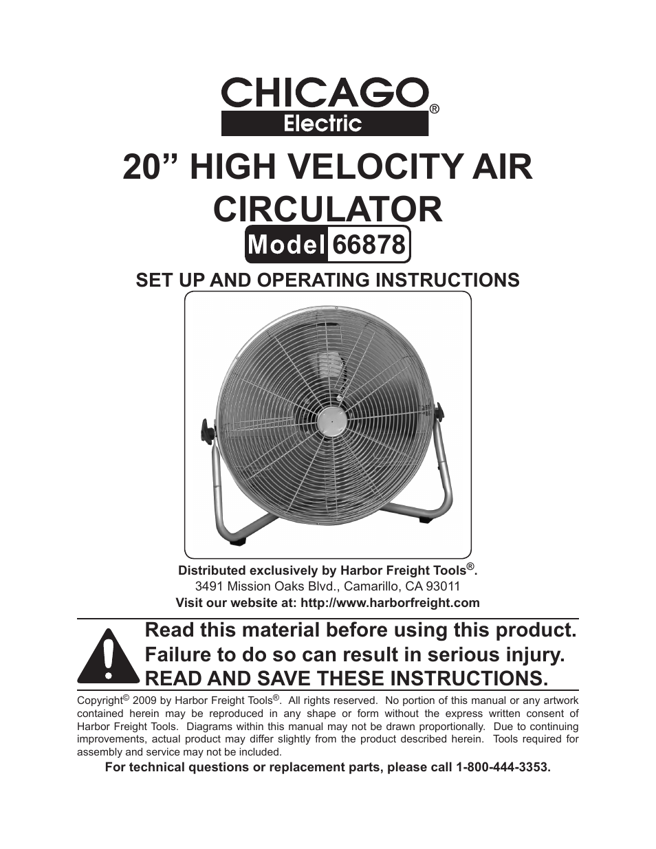 Chicago Electric 20" High Velocity Air Circulator 66878 User Manual | 8 pages