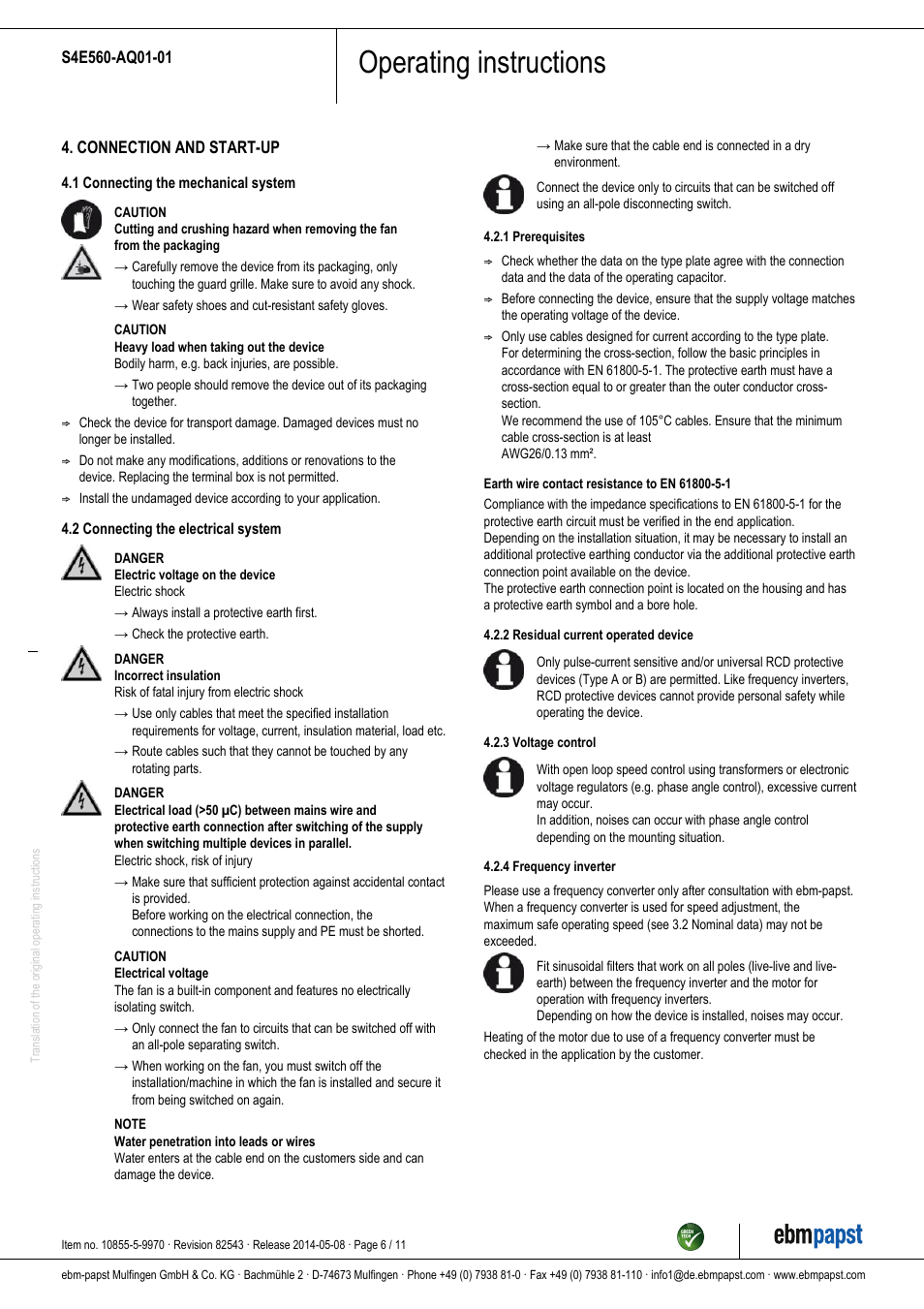 Operating instructions | ebm-papst S4E560-AQ01-01 User Manual | Page 6 / 11