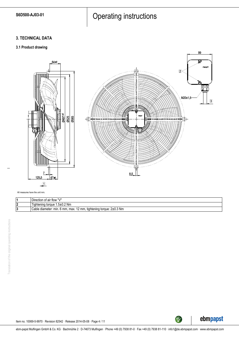 Operating instructions | ebm-papst S6D500-AJ03-01 User Manual | Page 4 / 11