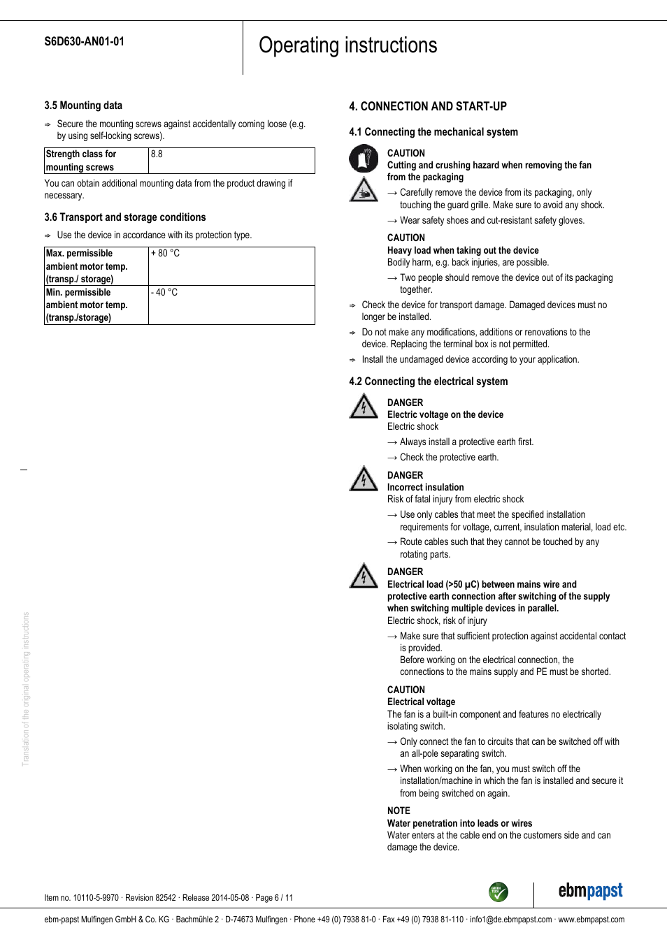 Operating instructions | ebm-papst S6D630-AN01-01 User Manual | Page 6 / 11