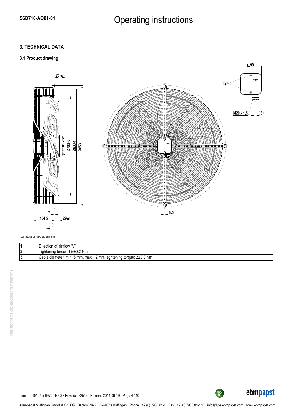 Operating instructions | ebm-papst S6D710-AQ01-01 User Manual | Page 4 / 10