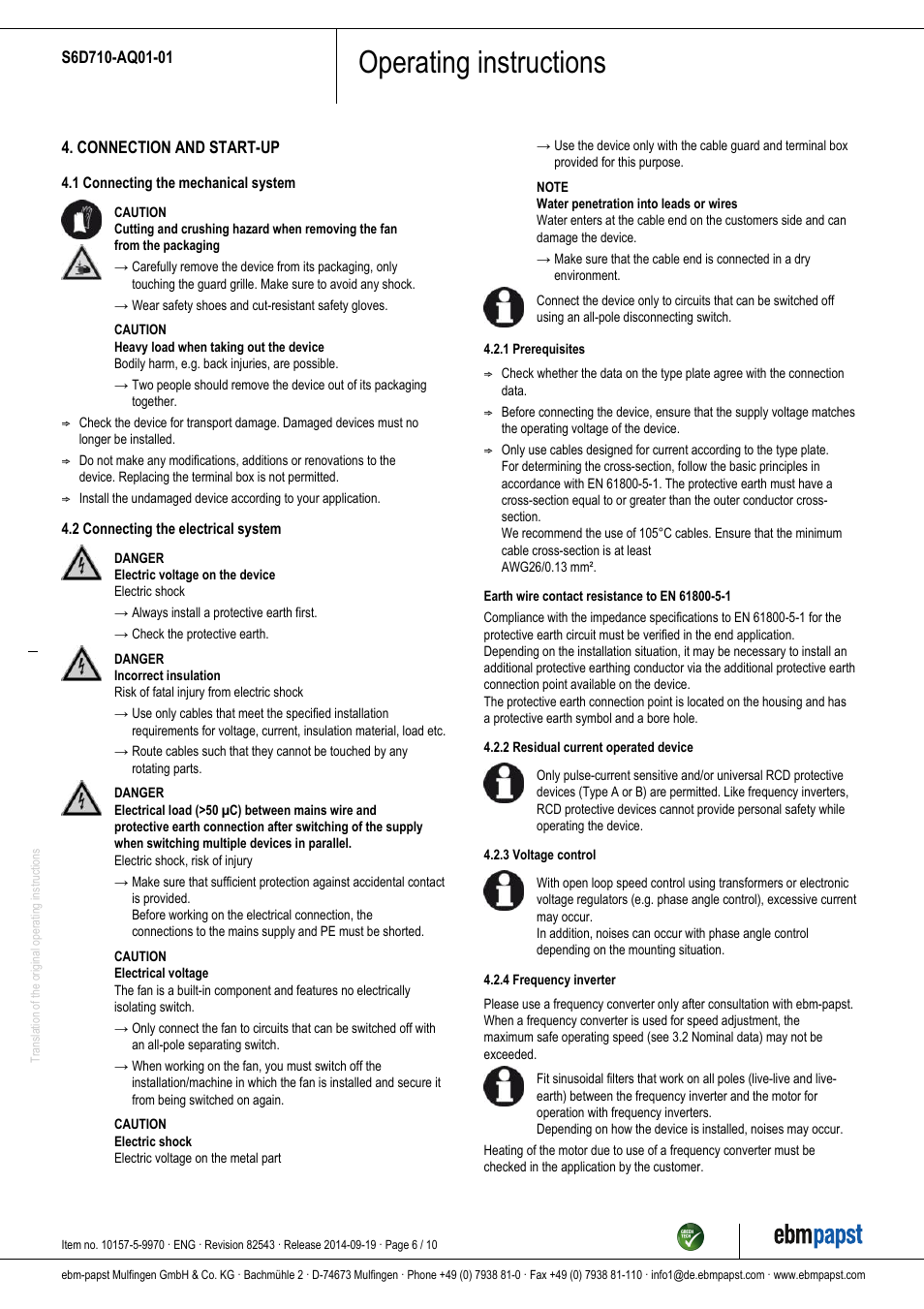 Operating instructions | ebm-papst S6D710-AQ01-01 User Manual | Page 6 / 10