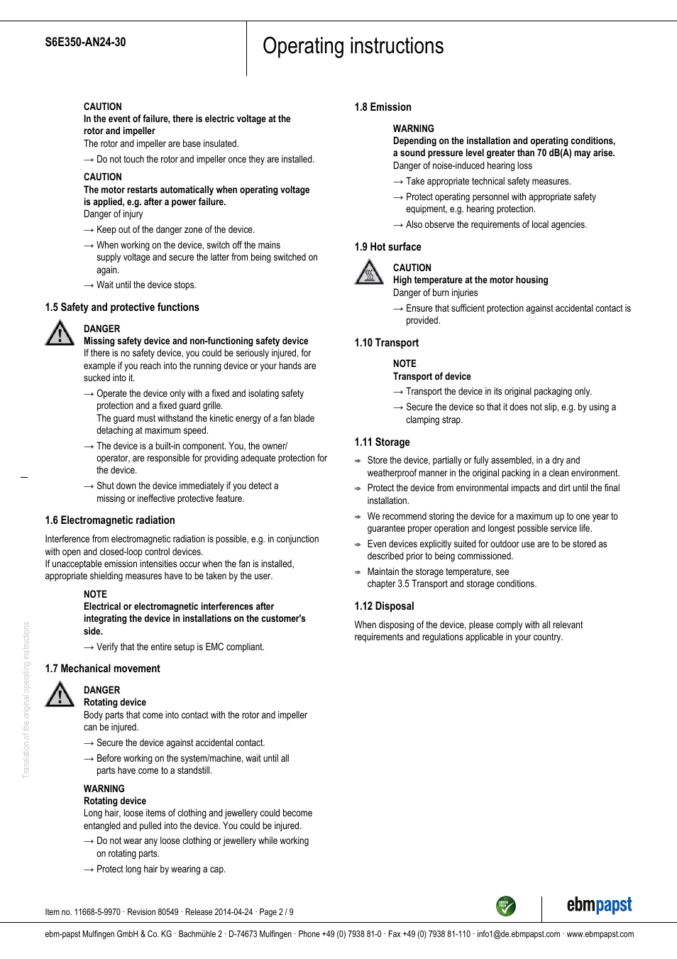 Operating instructions | ebm-papst S6E350-AN24-30 User Manual | Page 2 / 9