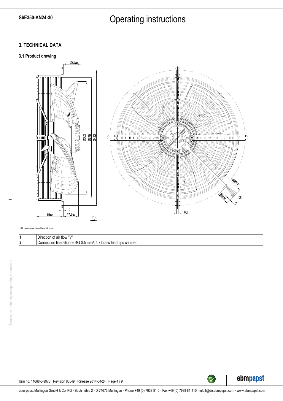Operating instructions | ebm-papst S6E350-AN24-30 User Manual | Page 4 / 9