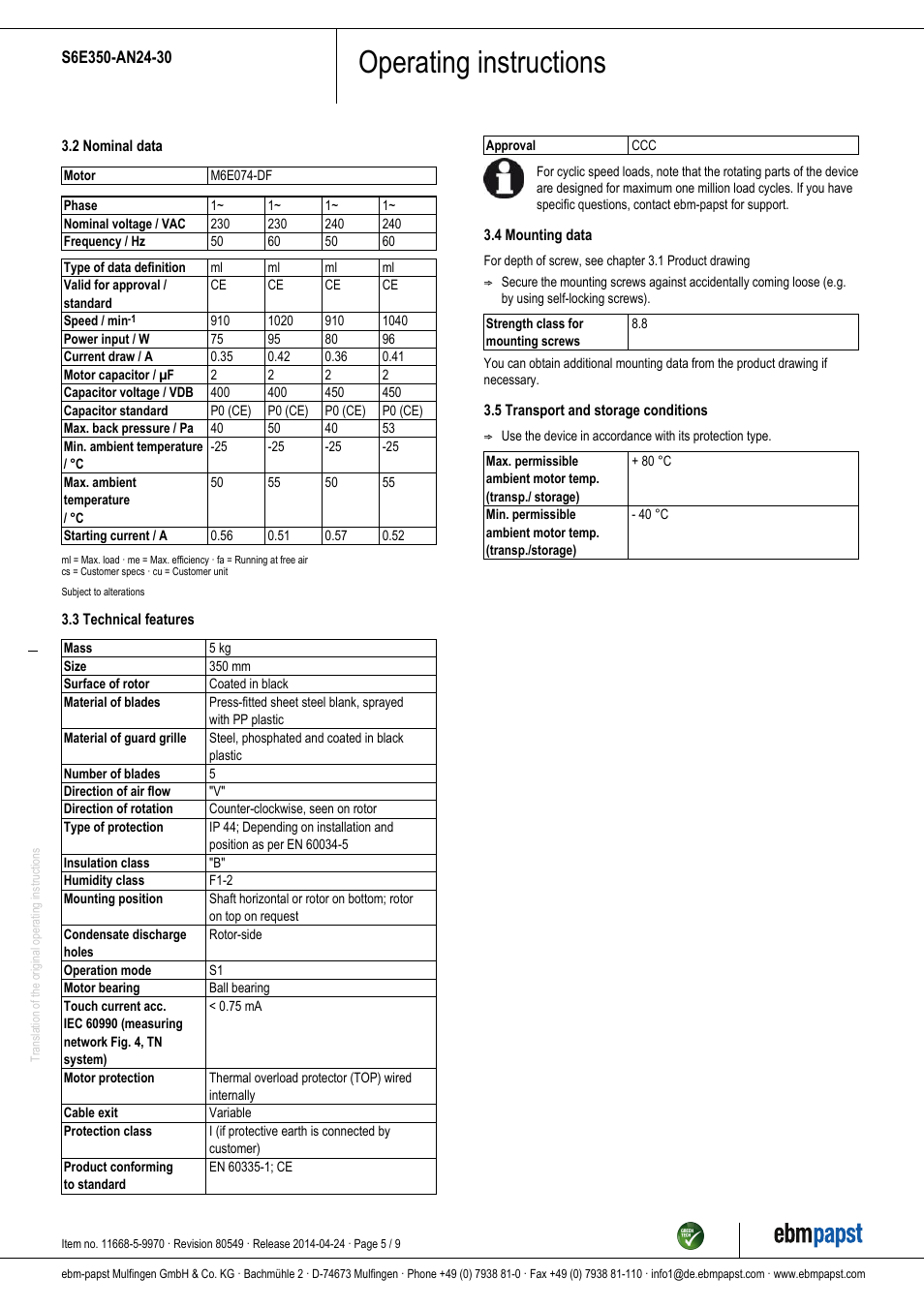 Operating instructions | ebm-papst S6E350-AN24-30 User Manual | Page 5 / 9