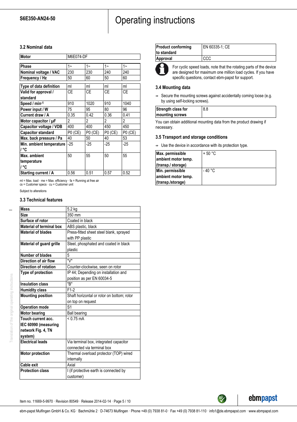 Operating instructions | ebm-papst S6E350-AN24-50 User Manual | Page 5 / 10