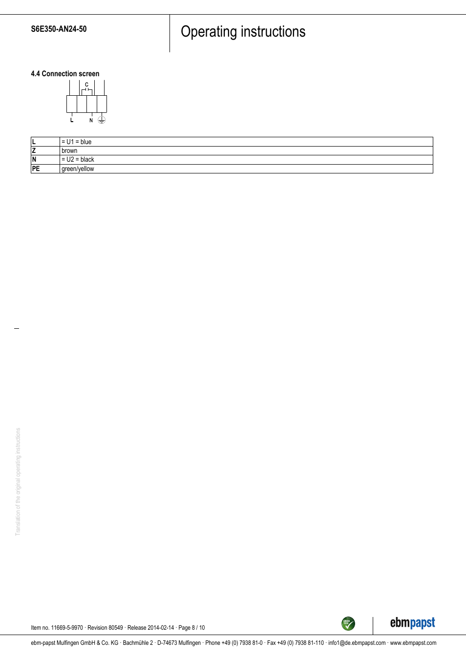 Operating instructions | ebm-papst S6E350-AN24-50 User Manual | Page 8 / 10