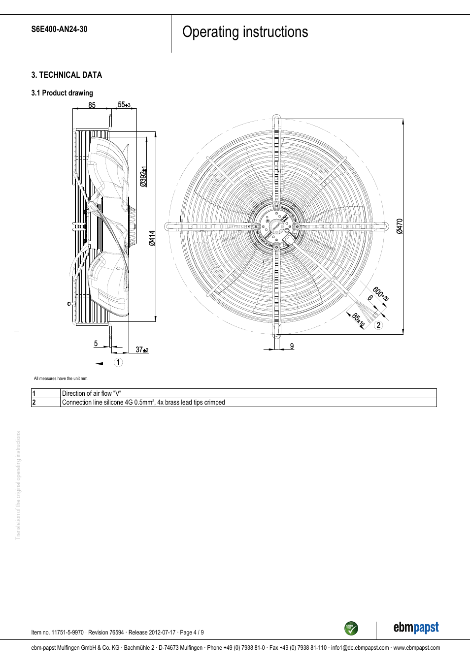 Operating instructions | ebm-papst S6E400-AN24-30 User Manual | Page 4 / 9