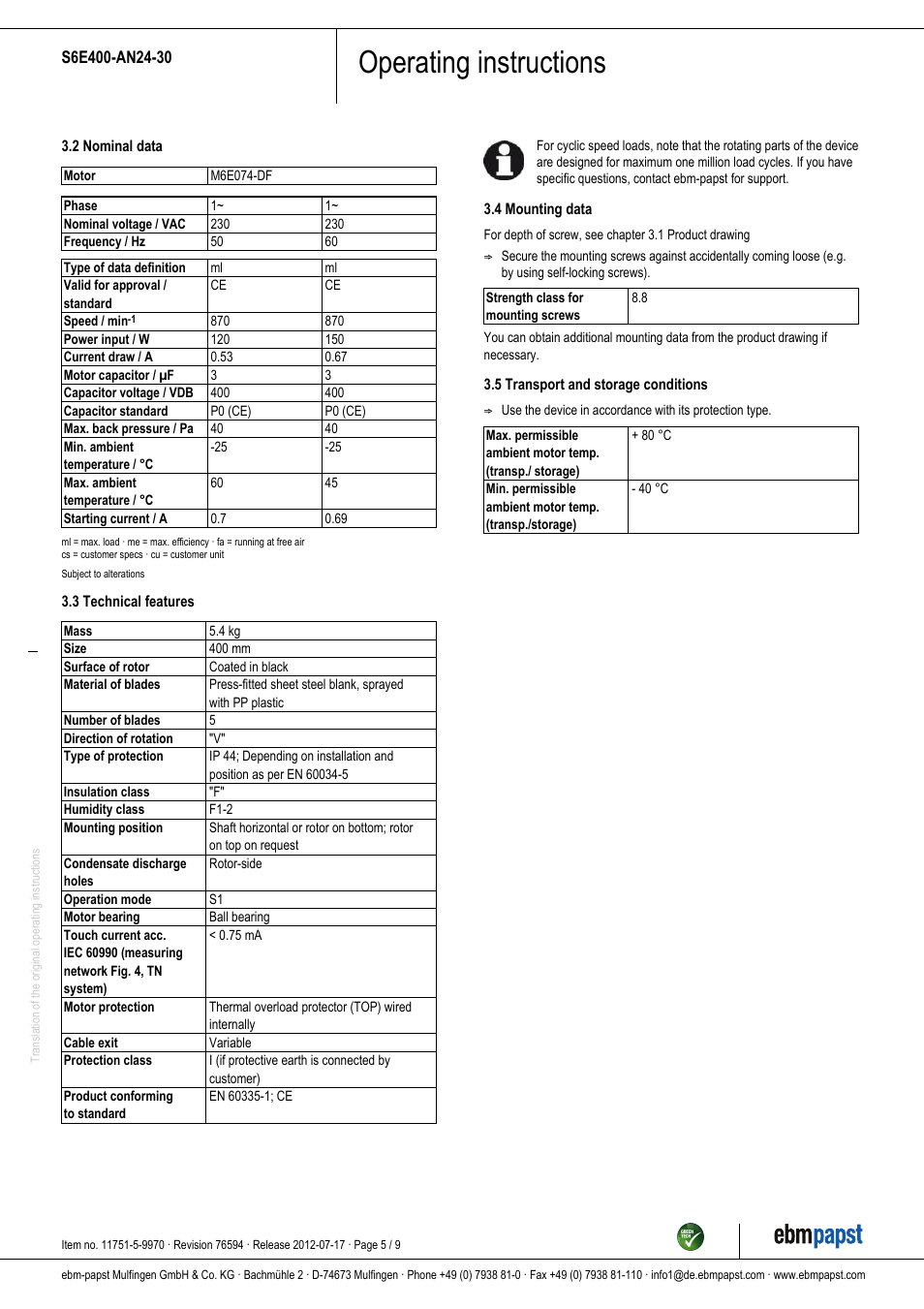 Operating instructions | ebm-papst S6E400-AN24-30 User Manual | Page 5 / 9
