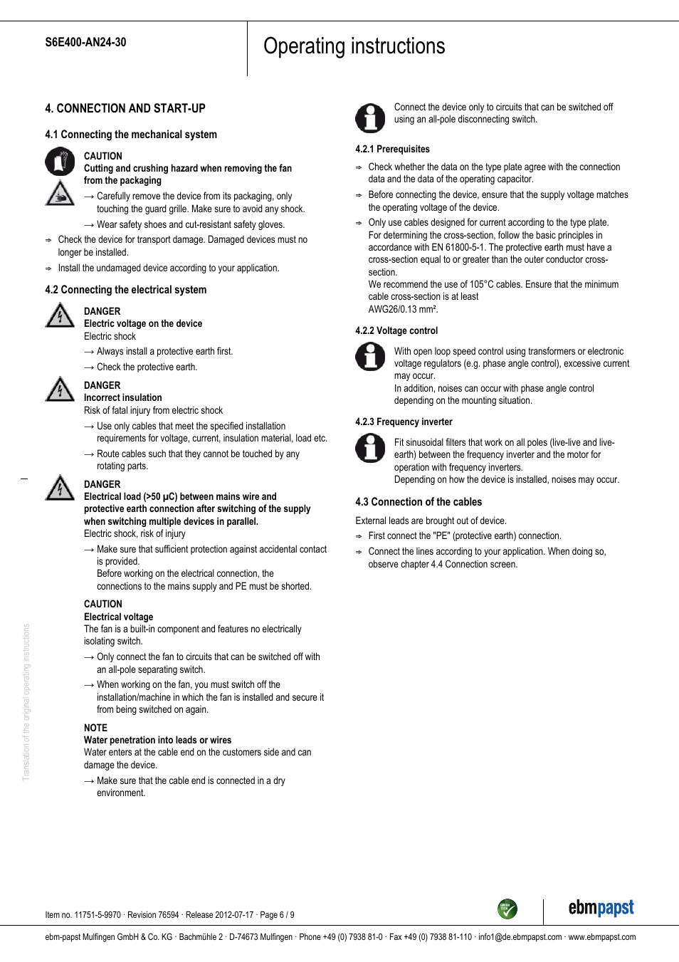 Operating instructions | ebm-papst S6E400-AN24-30 User Manual | Page 6 / 9