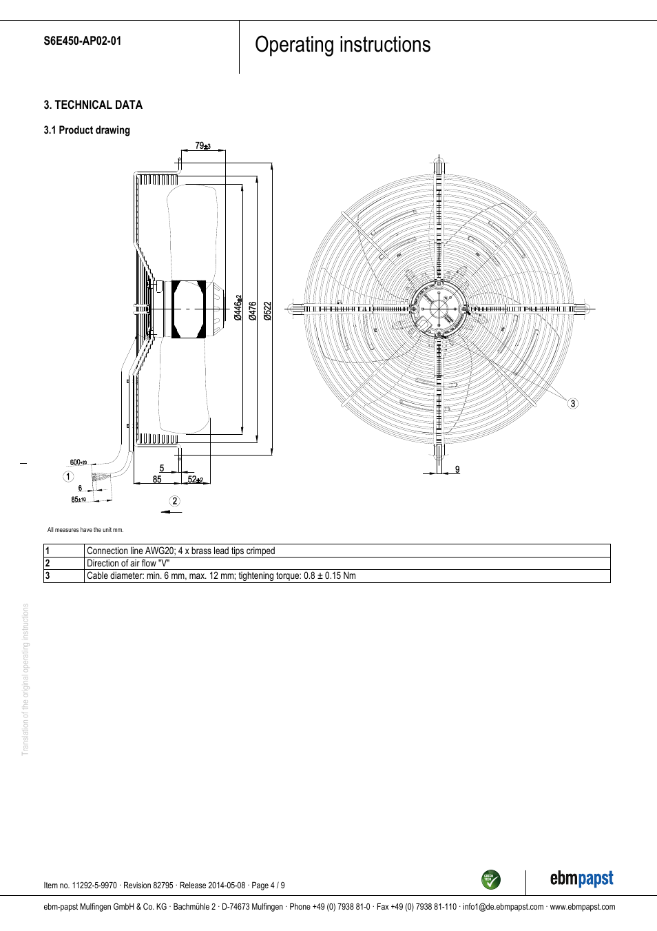 Operating instructions | ebm-papst S6E450-AP02-01 User Manual | Page 4 / 9