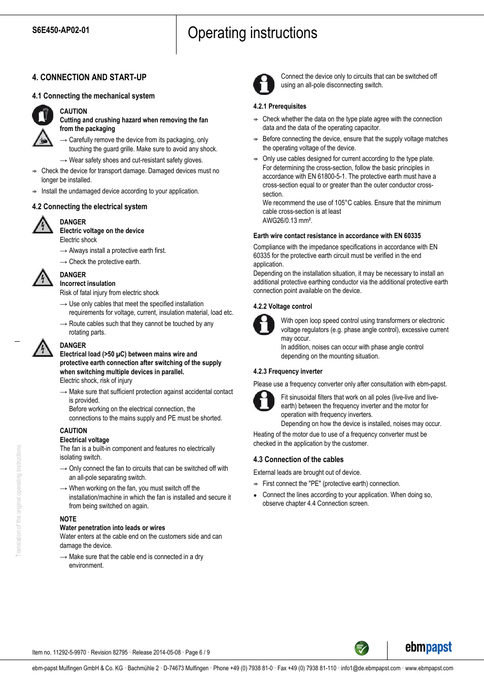 Operating instructions | ebm-papst S6E450-AP02-01 User Manual | Page 6 / 9