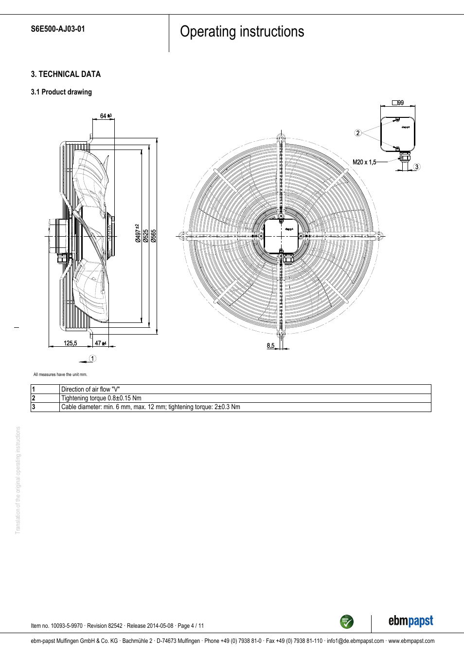 Operating instructions | ebm-papst S6E500-AJ03-01 User Manual | Page 4 / 11