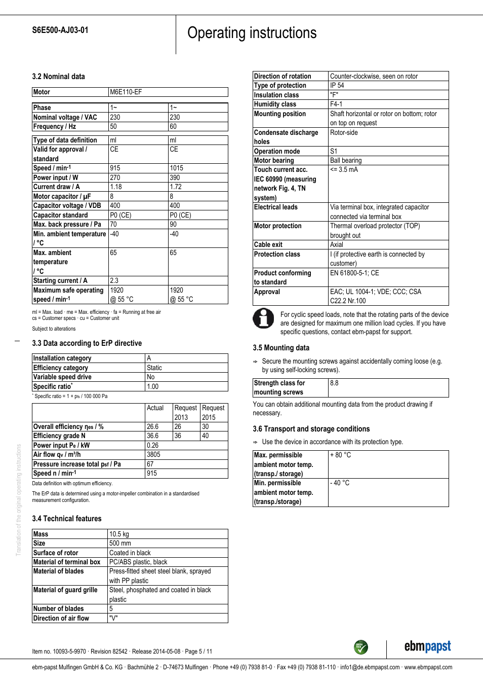 Operating instructions | ebm-papst S6E500-AJ03-01 User Manual | Page 5 / 11