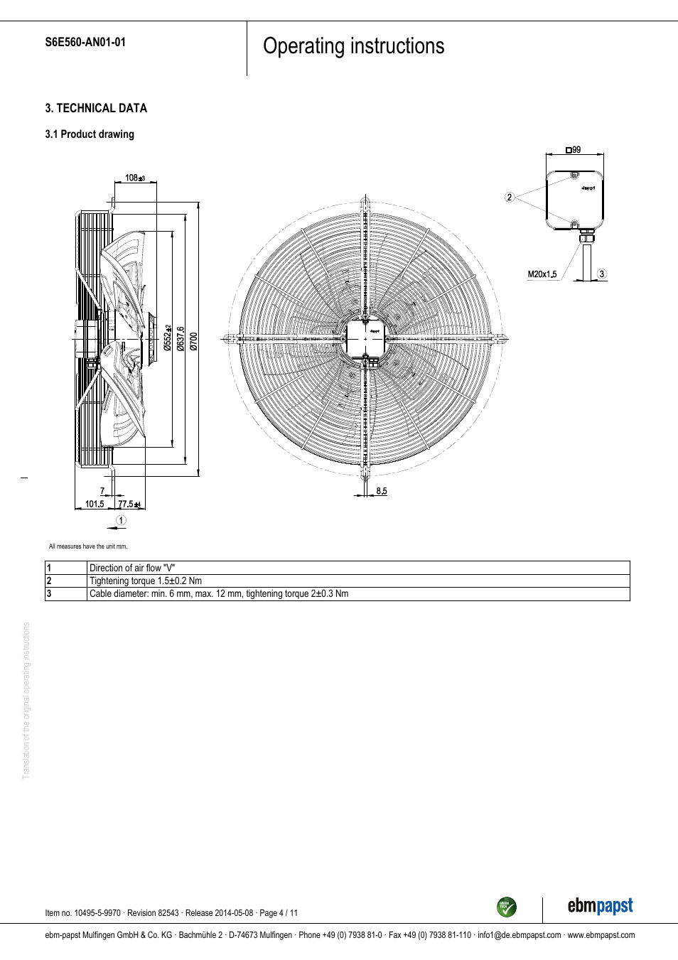 Operating instructions | ebm-papst S6E560-AN01-01 User Manual | Page 4 / 11