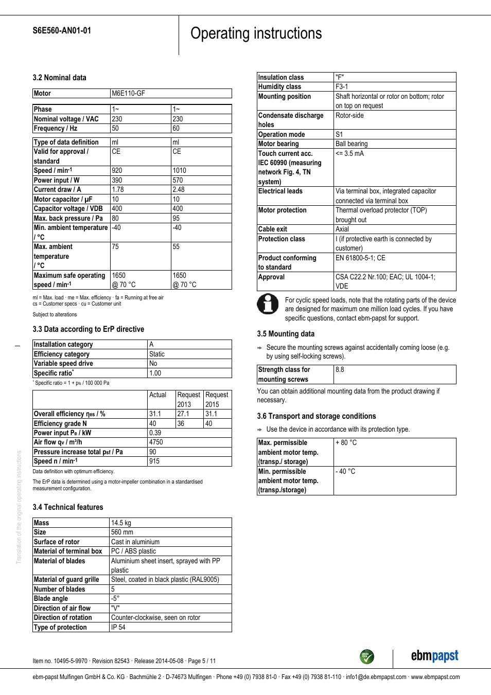 Operating instructions | ebm-papst S6E560-AN01-01 User Manual | Page 5 / 11