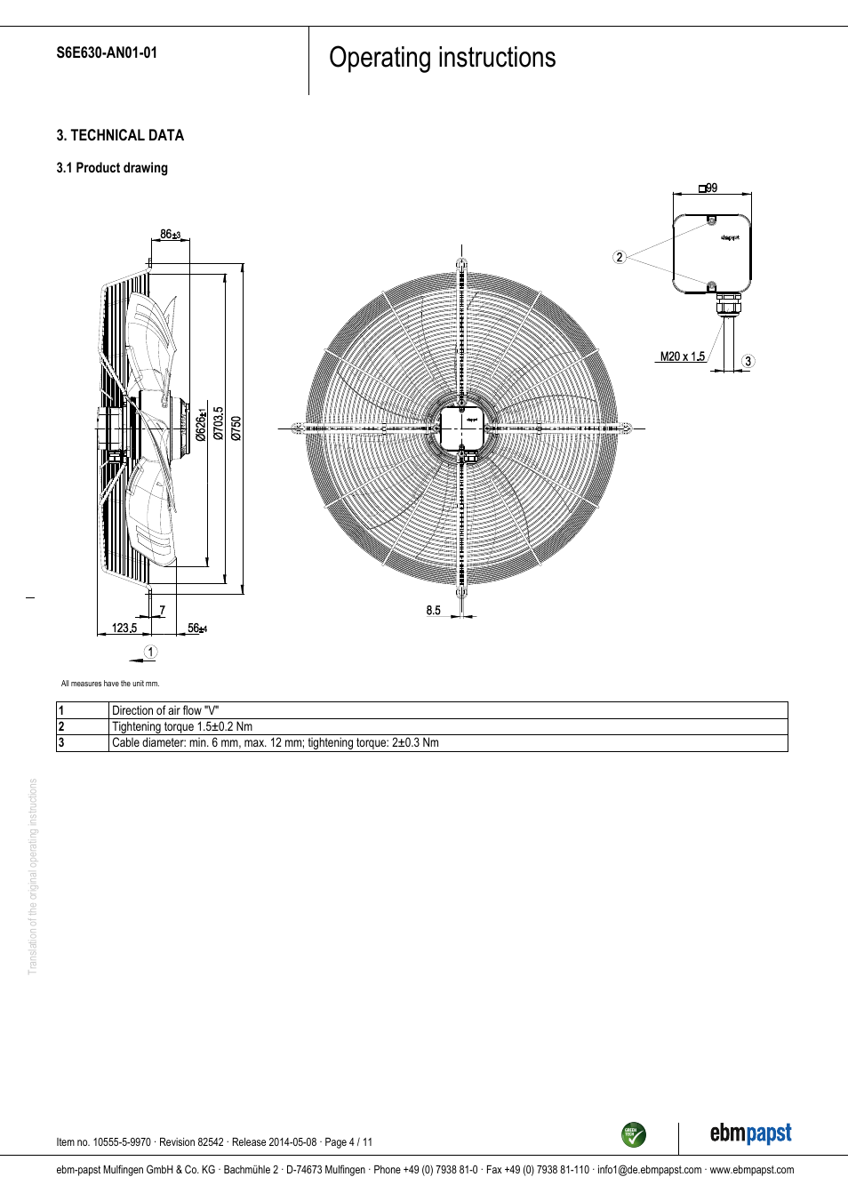 Operating instructions | ebm-papst S6E630-AN01-01 User Manual | Page 4 / 11