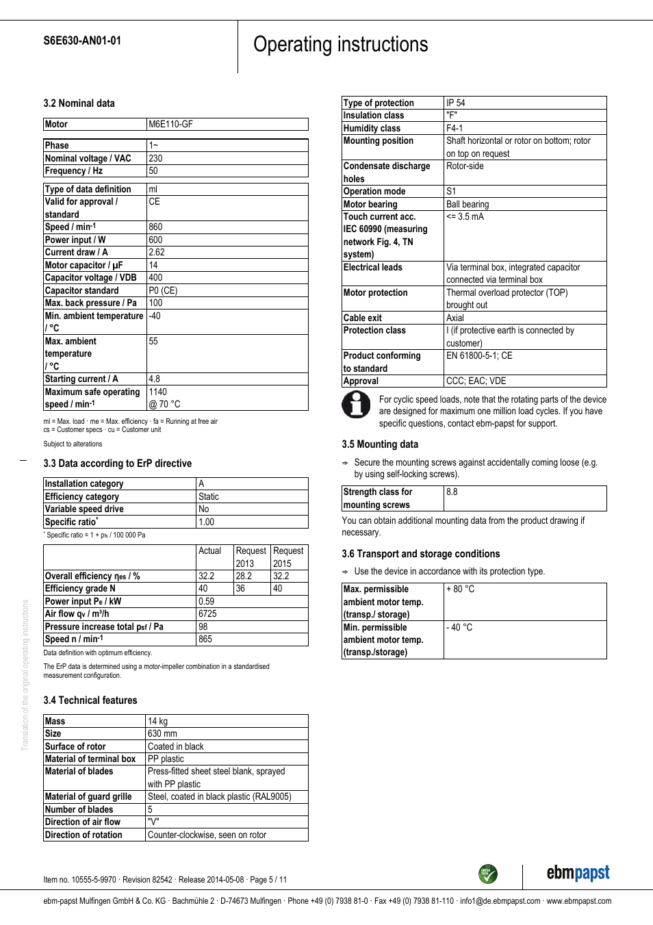 Operating instructions | ebm-papst S6E630-AN01-01 User Manual | Page 5 / 11