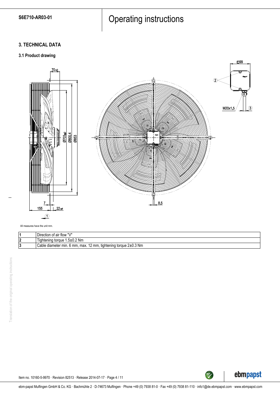 Operating instructions | ebm-papst S6E710-AR03-01 User Manual | Page 4 / 11