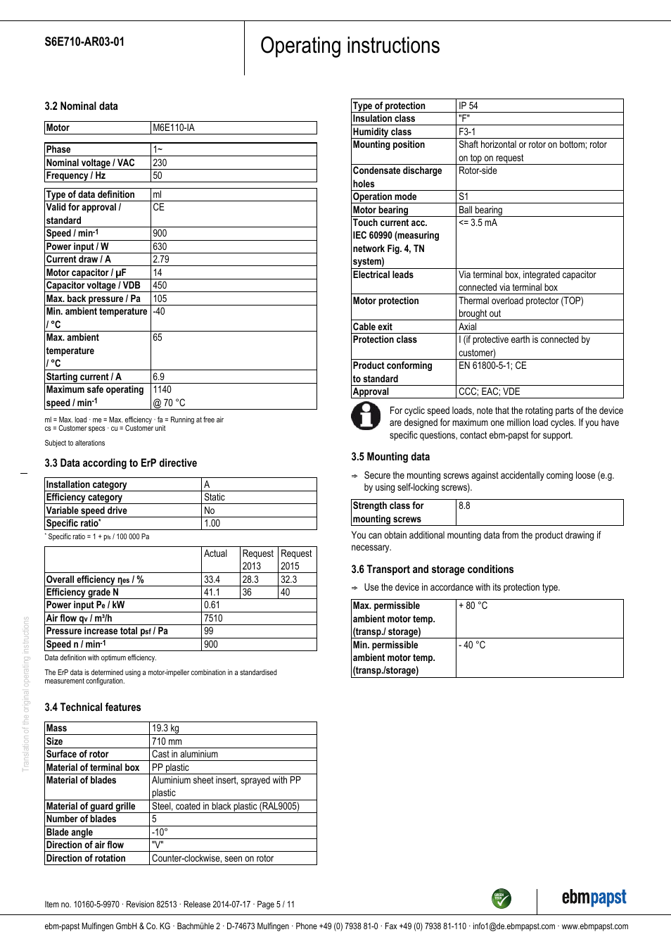 Operating instructions | ebm-papst S6E710-AR03-01 User Manual | Page 5 / 11