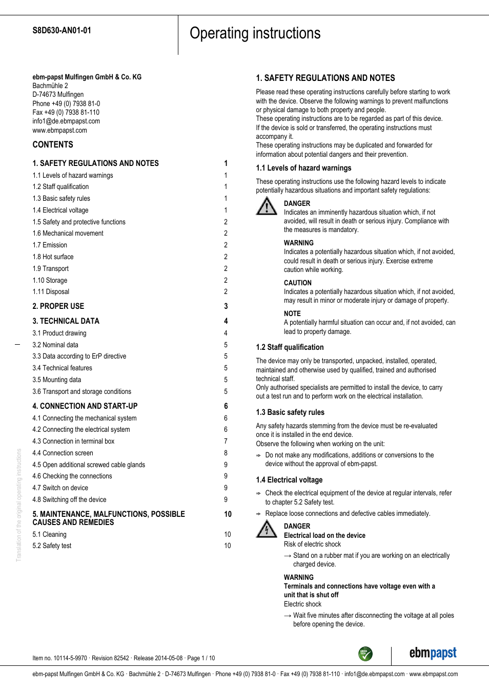 ebm-papst S8D630-AN01-01 User Manual | 10 pages