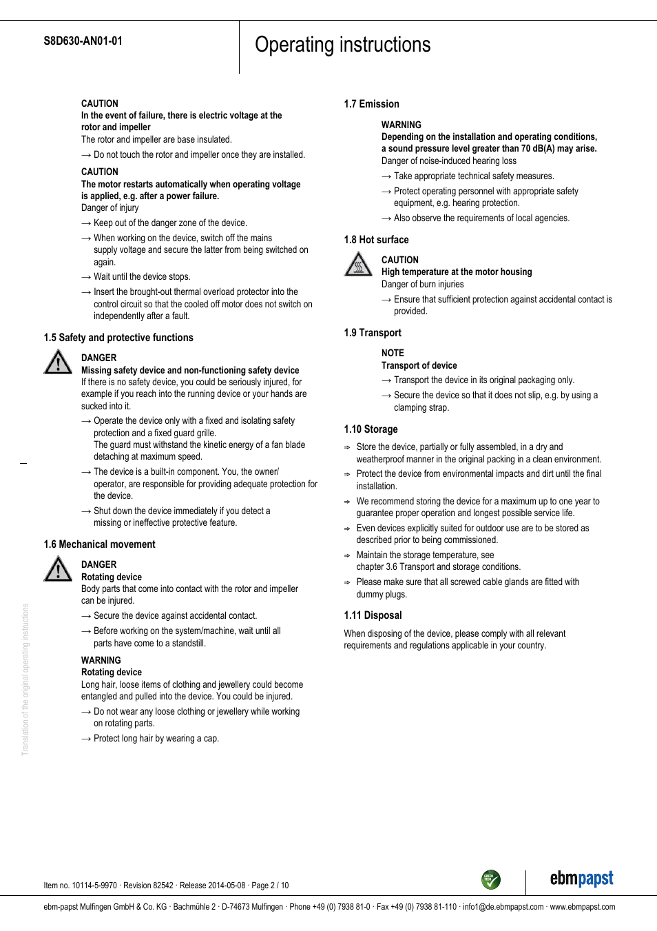 Operating instructions | ebm-papst S8D630-AN01-01 User Manual | Page 2 / 10