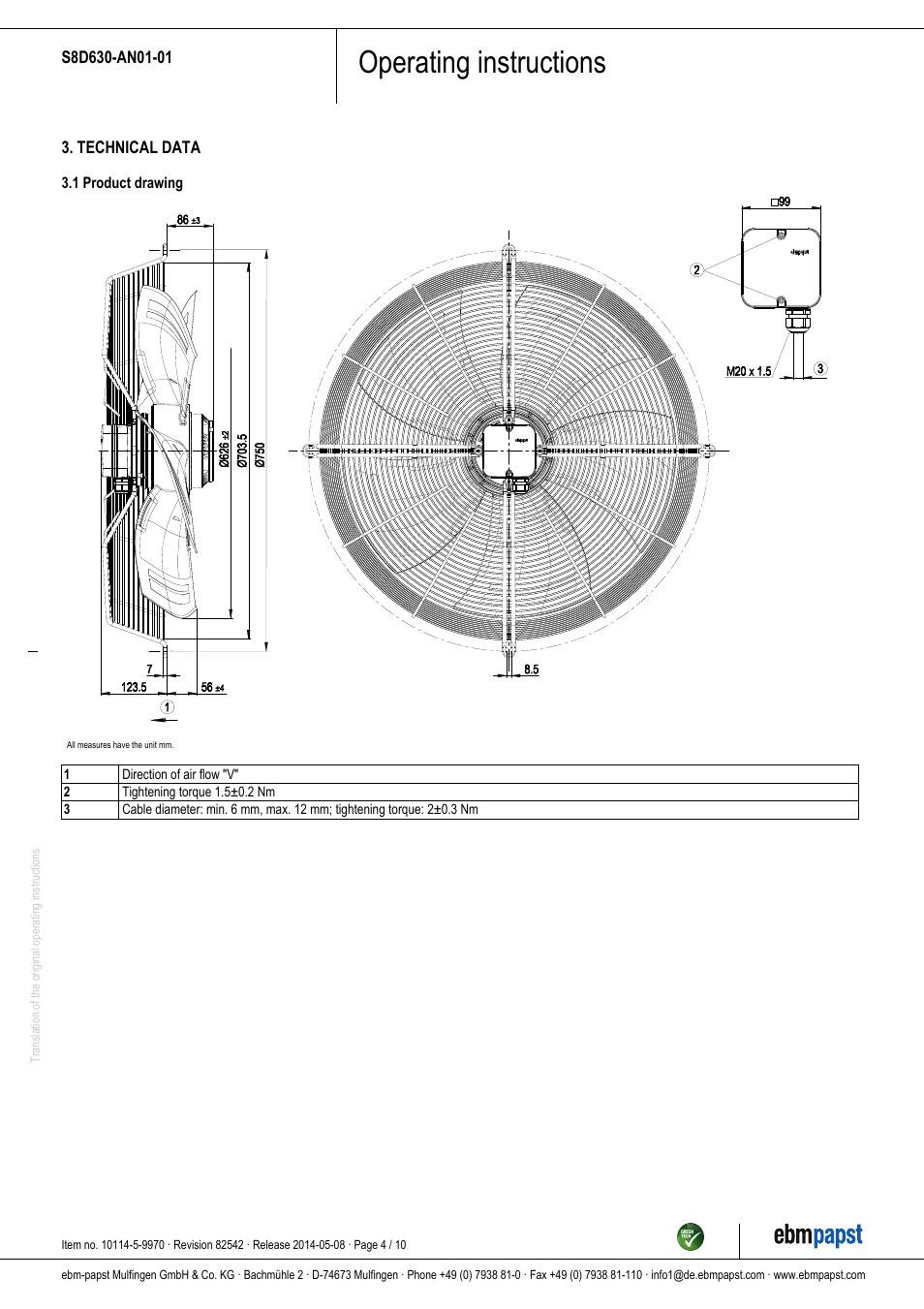 Operating instructions | ebm-papst S8D630-AN01-01 User Manual | Page 4 / 10